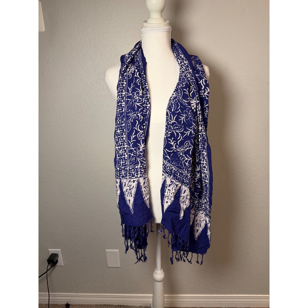 Blue White Floral Batik Sarong Wrap Fringed Tassel Scarf Beach Coverup Boho